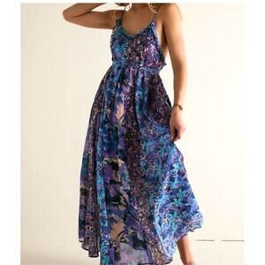 NWT $168 Free People Moondive Maxi Dress Patchwork Blue Purple Boho Flowy Sz L